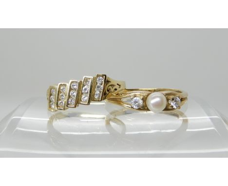 A bright yellow metal ring set with lines of diamond accents, size J, together with a 9ct gold pearl and clear gem ring size 