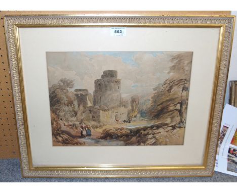 BRITISH SCHOOL Welsh women before a ruined castle, watercolour, 27 x 36cm, figures resting beside castle ruins, watercolour, 