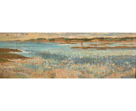20th Century, a view of a bay, oil on panel, indistinctly signed, 11" x 29" (28 x 73cm).