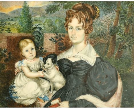 19th Century portrait miniature on ivory, a mother with child and dog in a garden setting, 3.75" x 5", (9.5 x 13cm).&nbsp;Ivo