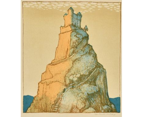 Gertrude Halsey, (20th Century) A tower at the top of a rocky mountain, a colour print, 5.75" x 5.25" along with three unrela