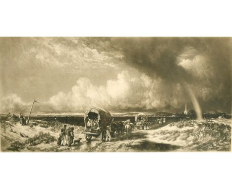Norman Hirsh (1862-1956), A caravan of waggons following marching soldiers, etching, signed in pencil, stamped, 16" x 29.5".