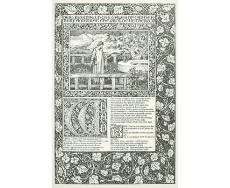 Morris print, 'Here beginneth the tales of Canterbury and first the prologue there of', 13.25" x 9".
