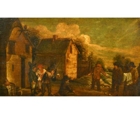 Manner of Teniers, A group of men outside an inn playing bowls, oil on panel, 12.25" x 21".