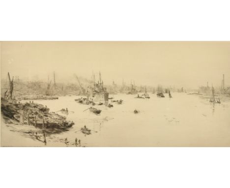 William Lionel Wyllie (1851-1931) A view of Deptford on the river Thames, etching, signed in pencil, 7" x 14.75".