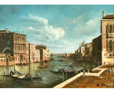 20th Century School, a canal scene, Venice, oil on panel, indistinctly signed, 12" x 15.75" (30 x 40cm).