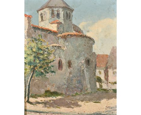 20th Century French School, a view of village buildings, oil on panel, indistinctly signed, 16" x 13" (40 x 33cm).