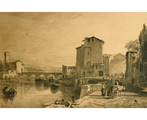 Charles Oliver Murray (1842-1923) British, The Port of Leghorn, a port scene with multiple figures and a town beyond, etching