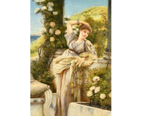 D. Parker, 20th Century, A portrait of a classical lady leaning on a stone balcony clad with roses, the sea beyond, oil on ca