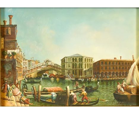20th Century School, figures on gondolas with the Rialto Bridge in the distance, oil on panel, indistinctly signed, 9.5" x 12