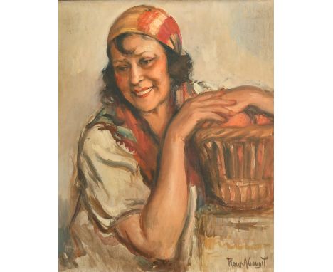 Roux Abougit, Study of a lady leaning on a basket, oil on panel, signed, 18" x 15" (46 x 38cm).