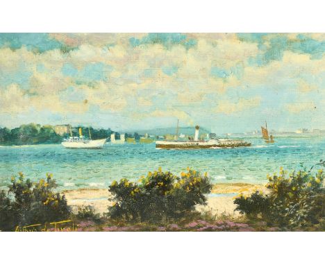 Arthur de Tivoli, A steam ship with other shipping off Brownsea Island, Poole Harbour, oil on canvas, signed, 5.5" x 9.25", (