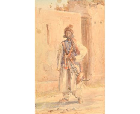 A full length study of a Greek man with a sword and shield, watercolour, signed and dated '90, 19" x 12", along with another 