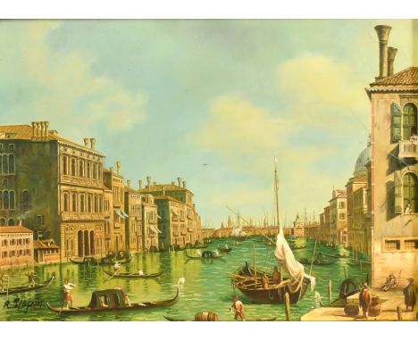20th Century School, gondolas on a Venetian canal, oil on panel, indistinctly signed, 9.5" x 12.5" (24 x 32cm).