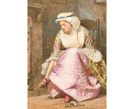E. Radford, A young lady seated next to a hearth, wearing a pink skirt with a pink and green wrap, trying on a slipper, water