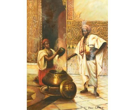 Paul Leroy, an interior scene with Arab figures, oil on panel, signed, 16" x 12" (40 x 30cm).