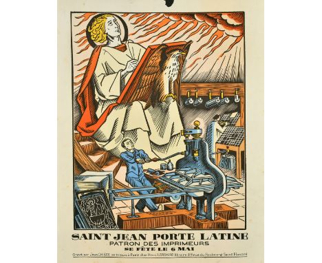 Jean Andre Chieze (1898-1975), 'Patron des Imprimeurs', colour print, 14" x 9.5", (unframed).