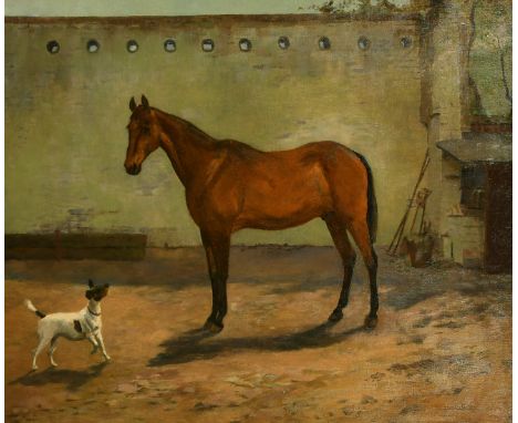 Lionel Birch (1858-1930) British, A portrait of a horse and Jack Russell in a courtyard, signed, oil on canvas, 24" x 30".