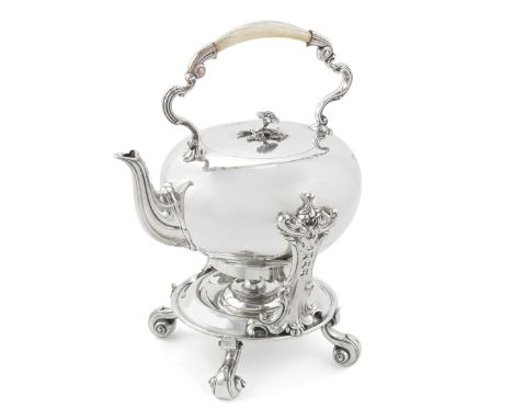 A large William IV silver and Old Sheffield plate kettle on standRobert Garrard, London 1832 Plain spherical body, engraved w
