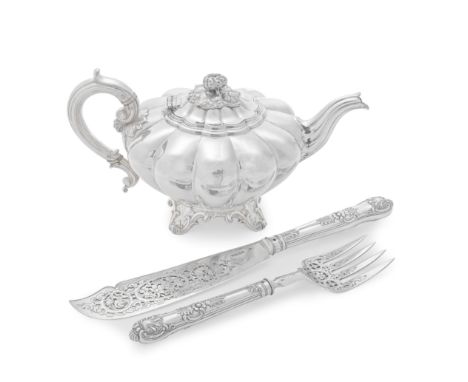 A Victorian silver teapotRobinson, Edkins &amp; Aston, Birmingham 1839 Compressed melon form, the body lobed with a hinged sh