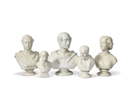 A collection of five third quarter 19th century 'Parian ware' portrait busts comprising two busts depicting Prince Albert and