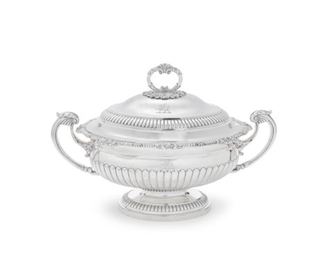 A George III silver tureen and cover with linerJohn Edward Terry, London 1816 Oval bellied form, the overlapping gadroon rim 