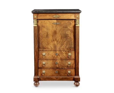 An Empire ormolu mounted mahogany secretaire a abattantCirca 1810, the marble top above one long frieze drawer, over a hinged