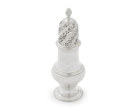 A large George II silver casterSamuel Wood, London 1755 Conventional baluster form, engraved arms of the MacDONALD family of 