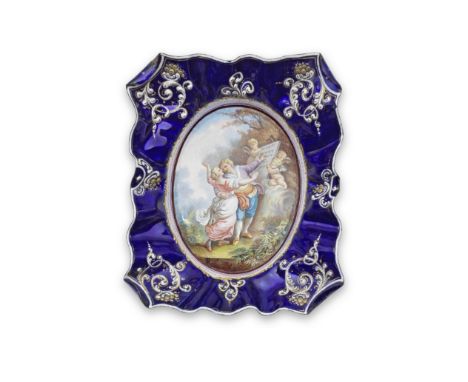 A late 19th century Austrian enamel dishof rectangular form, the central oval painted with a scene of a courting couple in 18