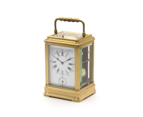 A late 19th/early 20th century French brass carriage clock with alarm and repeatsigned Henri Jacot  and numberd 17,871the Gor