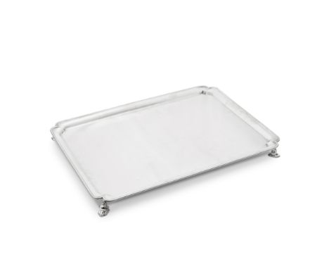 A large silver trayHeming &amp; Co Ltd, London 1929 Plain rectangular form the raised border with incurved corners, on three 