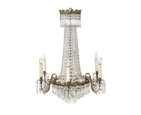 A Victorian six-light gilt brass and cut-glass tent and waterfall chandelierthe floriate pierced scrolling girdle issuing aca