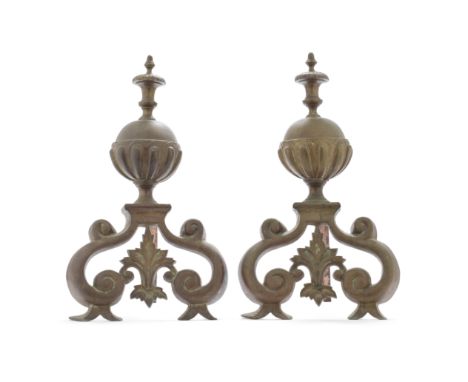 A pair of 19th century Continental brass chenetsin the Baroque styleeach of bulbous part lobed cup and cover form with acorn 