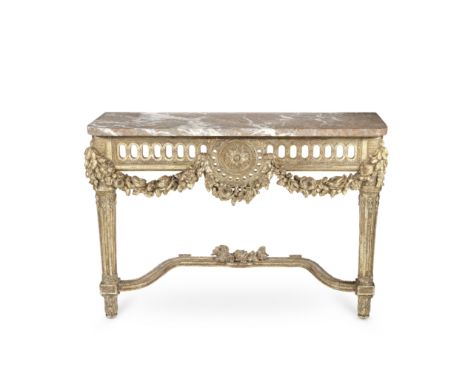 A French giltwood console tableAdapted or reduced in size from a larger 18th/19th century table, possibly originally a centre