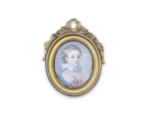 Marie Anne Fragonard (French, 1745-1823): 'Le Petit Ecolier', a watercolour on ivory painted oval portrait miniaturethe juven
