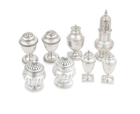 A collection of antique silver shakersvarying maker'sComprising: a caster, Samuel Wood, London 1751, conventional baluster fo