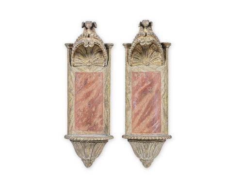 A pair of 19th century Continental carved wood, faux marble and parcel gilt gesso wall niche bracketsthe scrolling shell pedi