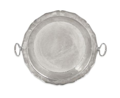 A large two-handled dishhallmarks rubbed 'S..', possibly Spanish circa 18th/19th century Circular basin form, plain polished,