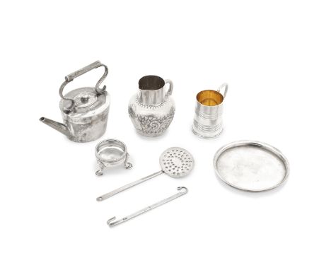 A collection of silver miniature utensilsvarious makers and dates Comprising: a miniature cauldron salt, by John Hugh Le Sage