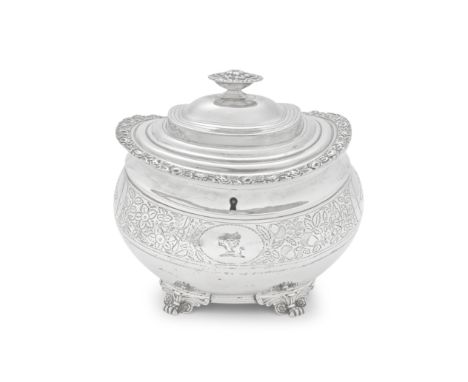 A George IV large silver tea caddyHenry Nutting or Hannah Northcote, London 1819 Bulbous oval form, a hinged stepped dome cov