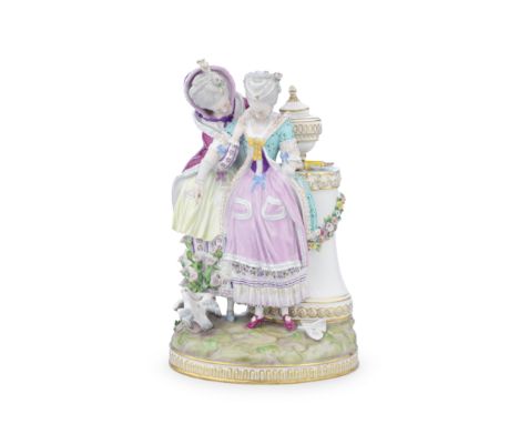 A late 19th century Meissen porcelain figural group of 'The Secret of the Young Bride', possibly outside decoratedin the 18th