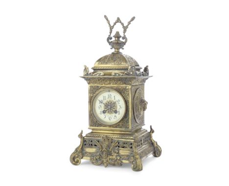 A late 19th century French brass clock garniturethe movement stamped D.C.Cothe elaborately cast rectangular case with domed u