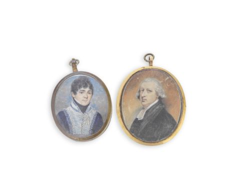 Manner of Henry Jacob Burch (British, b.1763): Two early 19th century painted ivory oval portrait miniatures of a cleric and 