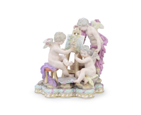 A late 19th century Meissen porcelain figural group of three putti emblematic of paintingin the 18th century stylethe winged 