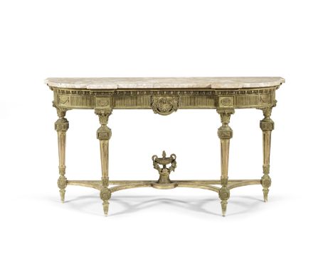 A French late 19th century giltwood console tablein the Louis XVI styleThe marble top above an egg and dart moulded cornice, 