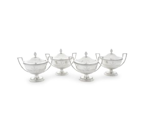 A set of four George III  silver two-handled sauce tureens and coversRichard Morrison, London 1796 Circular with gadroon rims