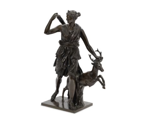 After the antique: A late 19th century French patinated bronze figural group of Diana the huntresscast by Ferdinand Barbedien