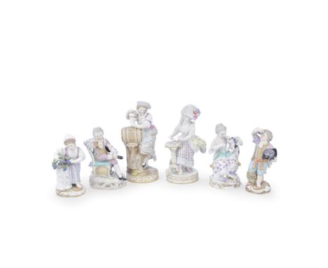 A collection of six late 19th/early 20th century Meissen porcelain figuresall clad in 18th century dress and enamelled in pas