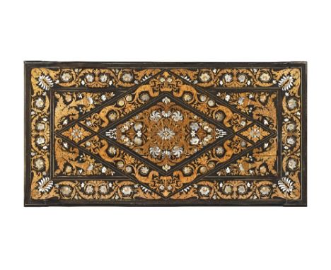 An Italian mid 19th century ebony, walnut, ivory, mother of pearl, fruitwood marquetry and parcel gilt centre table attribute