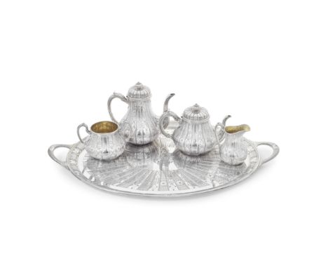 A Victorian 'Abercorn' silver tea and coffee service with trayJohn Samuel Hunt, London 1852, incuse stamped to base HUNT &amp